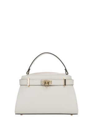 White leather handbag with a structured design, gold hardware, a top handle, and a clasp closure. Smooth texture with minimal accents.
