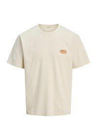 Krátký rukáv krémové bavlněné tričko s malým oranžovým logem "ORIGINALS" na hrudi, rovný lem a klasický kulatý výstřih.