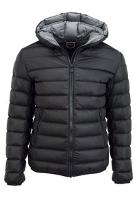Černá péřová bunda s kapucí, se zdobenými částmi, předním zipem a bočními kapsami. Vyrobena z hladké, lehké, izolační látky.