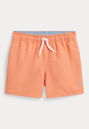 Pomarańczowe spodenki kąpielowe z elastycznym pasem, białym sznurkiem, niebieską podszewką oraz małym haftowanym logo w prawym dolnym rogu.