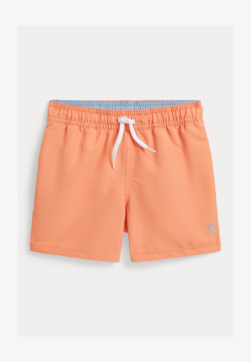 Bañador corto naranja con cintura elástica, cordón blanco, forro interior azul y pequeño logo bordado en la parte inferior derecha.