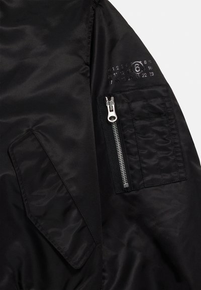 Μανίκι μαύρου νάιλον μπουφάν με φερμουάρ σε τσέπη και τυπωμένους αριθμούς 0-23, με τον αριθμό 6 να είναι κυκλωμένος σε ασημένιο χρώμα.