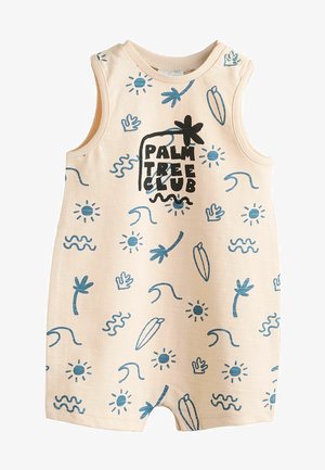 Romper senza maniche beige pallido con motivi di palme blu, sole e onde. Presenta un collo rotondo e chiusure a pressione sulla spalla.