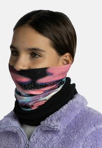 Multi-layered neck warmer in black and colorful gradient design. Soft, stretchy fabric with galaxy pattern. Worn under a fuzzy purple jacket.