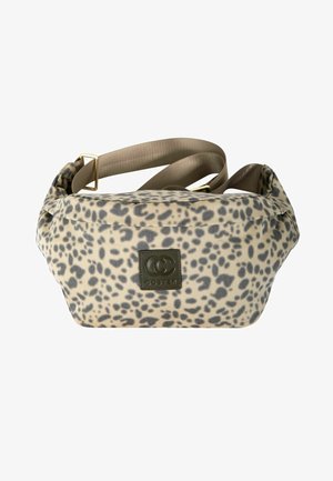 Leopardimustriline vöökott reguleeritava beeži rihma ja ees tumeda nahast logomärgiga.