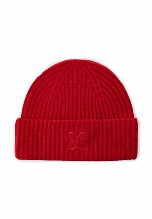 Red ribbed knit beanie with a folded cuff and small embroidered flower detail in matching color. Soft, textured fabric.