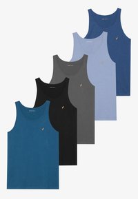 Set di sei canottiere in blu, blu scuro, grigio, nero e azzurro. Tessuto in cotone con scollature rotonde e piccolo dettaglio del logo.