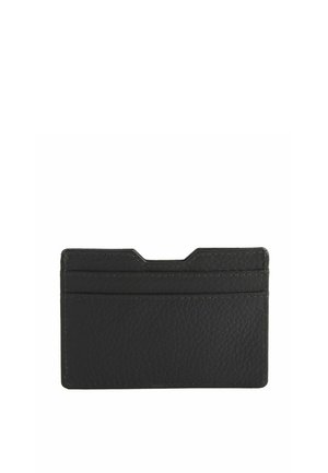 Suport de carduri din piele neagră texturată, cu trei fante orizontale și o crestătură centrală pe marginea superioară pentru acces ușor la carduri.