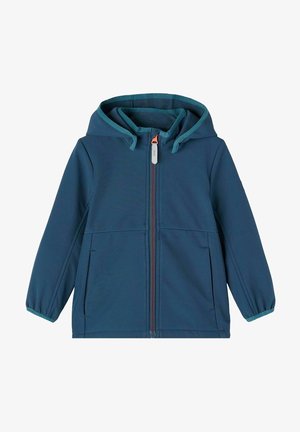Giacca con cappuccio in tessuto teal con un design bicolore. Presenta una zip frontale, due tasche laterali e polsini elasticizzati.