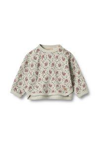 Top a maniche lunghe con stampa floreale in tessuto grigio chiaro, caratterizzato da un colletto rotondo, polsini a coste e due bottoni decorativi sulla spalla.