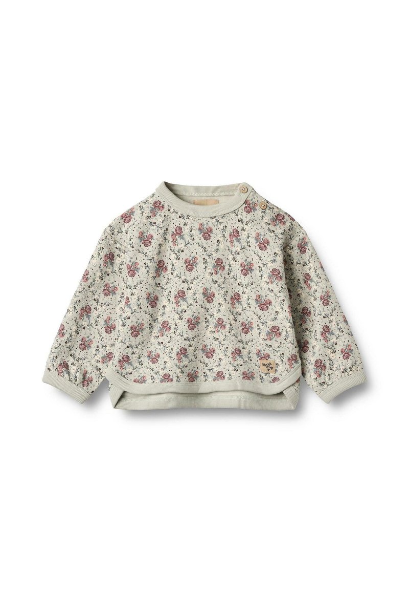 Top a maniche lunghe con stampa floreale in tessuto grigio chiaro, caratterizzato da un colletto rotondo, polsini a coste e due bottoni decorativi sulla spalla.
