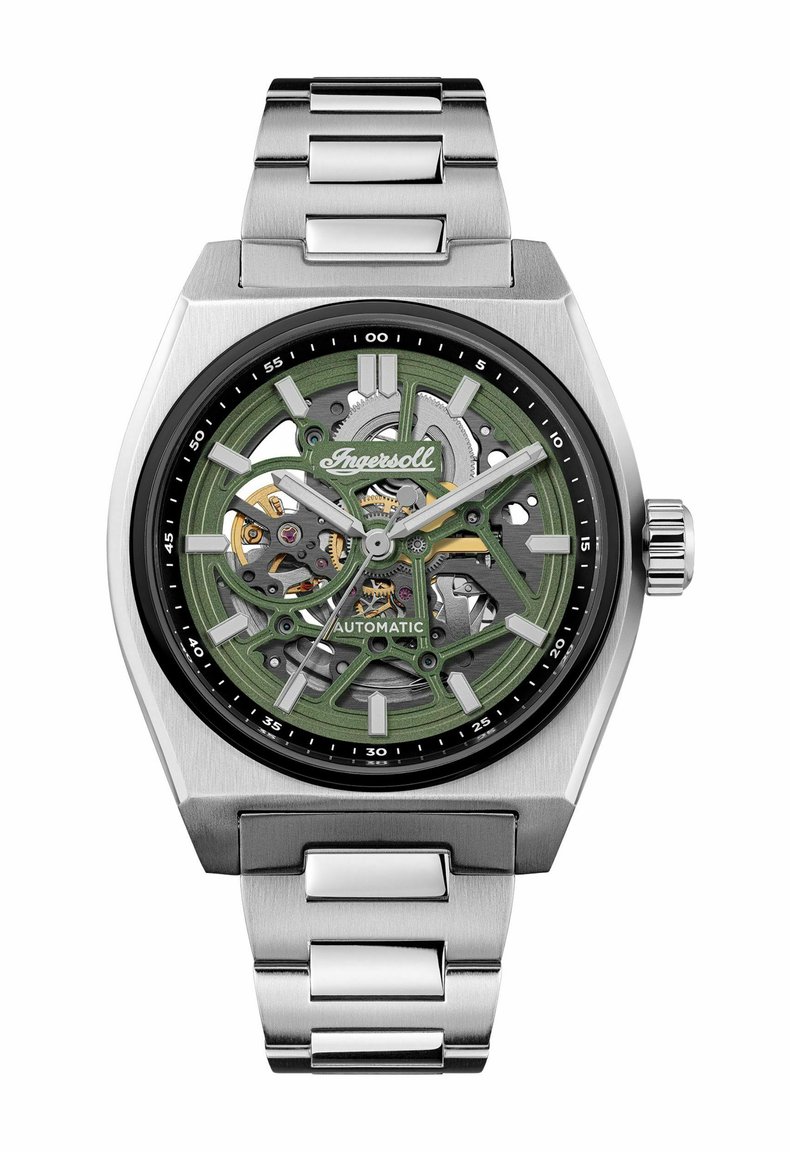 Automatisk klocka i rostfritt stål med en grön mönstrad urtavla, exponerade kugghjul, svart bezel och silverlänkar i en slank, vinkelägen design.