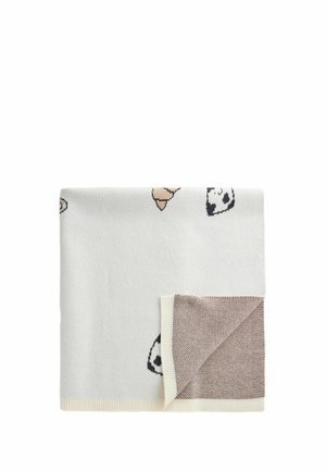 Knitted blanket in white, featuring panda motifs and an ice cream cone pattern. The reverse side has a textured brown and cream accent.