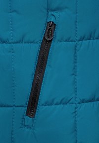 Teal pufferjacka med svart dragkedja. Har quiltade sömmar och en slät yta som framhäver den isolerade designen.