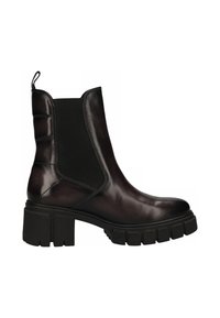 Botas de cuero marrón hasta el tobillo con una suela negra gruesa, paneles laterales elásticos y una tirador en la parte trasera, con un acabado suave y un diseño moderno.