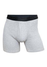 Gray cotton boxer briefs with a black elastic waistband featuring the brand name "DOVAR" embossed. Designed with a fitted silhouette and front pouch.