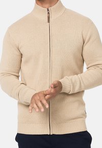 Pull en maille beige à fermeture éclair avec un col montant, des poignets côtelés et une surface texturée. Doté d'un tire-zip en bois et d'une coupe ajustée.