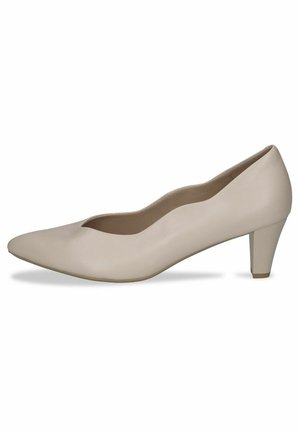 Beige leather pump with a pointed toe, low cone heel, and a cutout design along the upper edge. Smooth texture with minimal stitching.