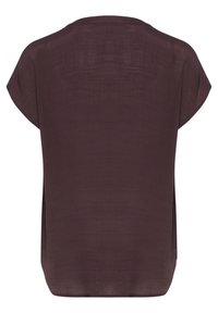 Haut à manches courtes en violet foncé, en tissu léger avec une texture lisse. Coupe ample et encolure ronde, sans embellissements ni motifs.