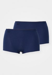 Navy blue cotton boxer shorts with a smooth texture, featuring a scalloped waistband and a tag on the back. Two pairs included.