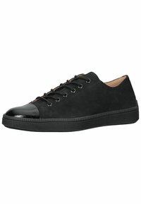 Black suede sneakers with a glossy black patent leather toe cap, featuring six eyelets, round laces, and a textured black rubber sole.