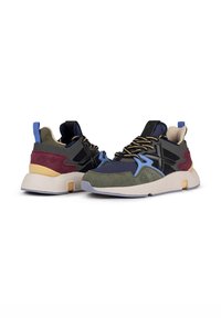 Multicolored athletic shoes featuring a mix of materials including suede and mesh. Design includes bold accents in blue, burgundy, and black.