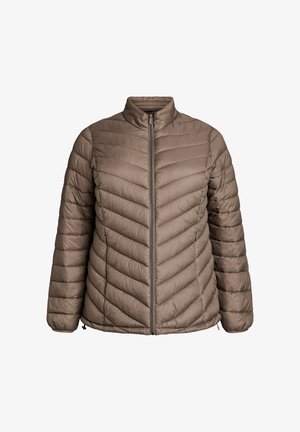 Braune Pufferjacke mit hohem Kragen, horizontal gestepptem Muster, Reißverschluss vorne und seitlichen Taschen. Leichtes, synthetisches Material.