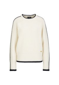 Cremfarbener Strickpullover mit gerippter Struktur, schwarzen Akzenten entlang der Ärmel und am Saum sowie einem runden Halsausschnitt. Mit kleinem Logodetail.
