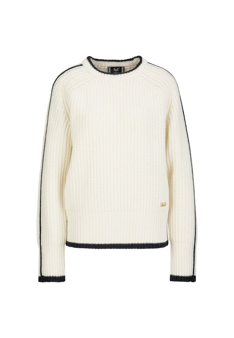 Cremfarbener Strickpullover mit gerippter Struktur, schwarzen Akzenten entlang der Ärmel und am Saum sowie einem runden Halsausschnitt. Mit kleinem Logodetail.