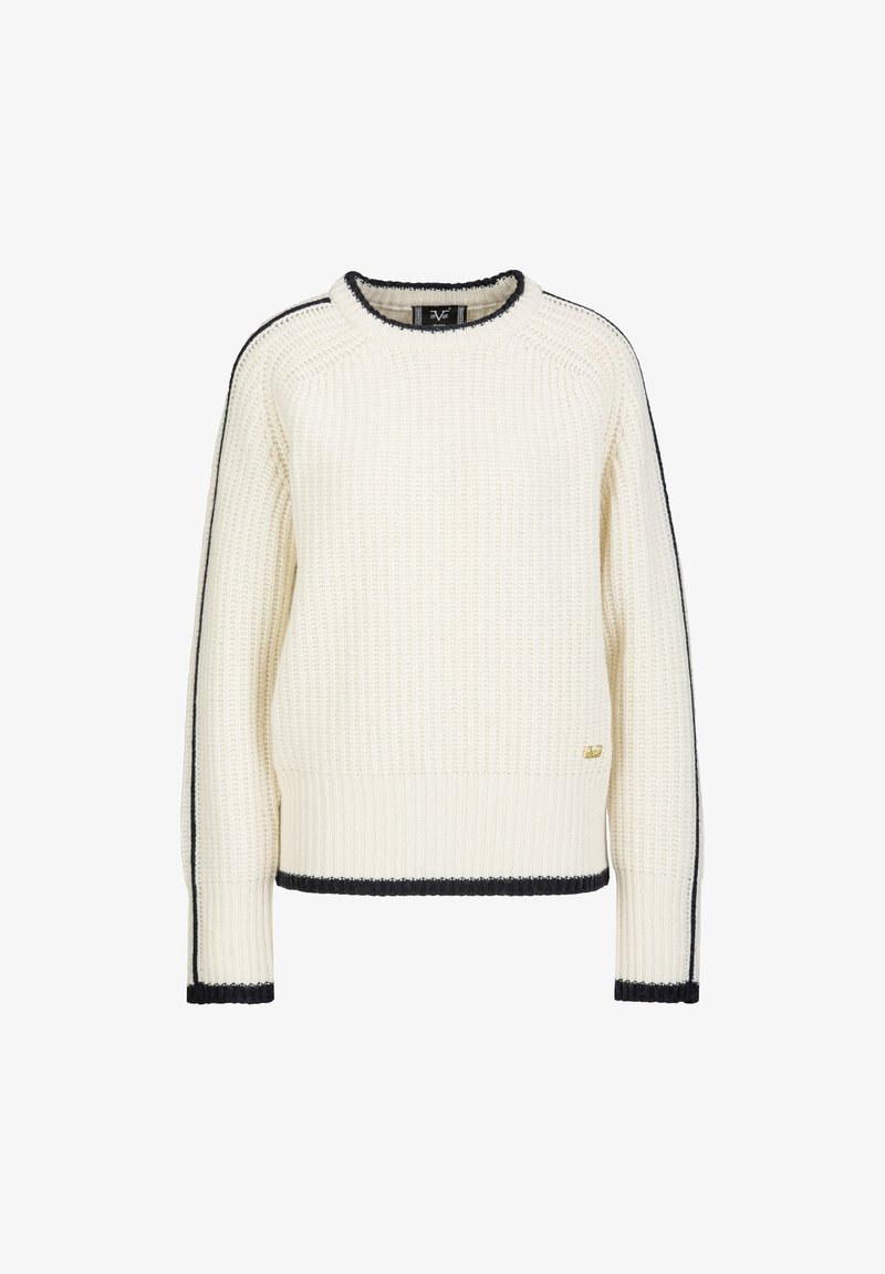 Cremfarbener Strickpullover mit gerippter Struktur, schwarzen Akzenten entlang der Ärmel und am Saum sowie einem runden Halsausschnitt. Mit kleinem Logodetail.