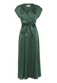 Mörkgrön satin midi-klänning med korta ärmar, V-ringning och omslag fram, samt matchande tygskärp knutet i en rosett vid midjan.
