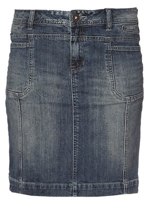 Dunkelblauer Jeansrock mit Fronttaschen, Gürtelschlaufen, Knopfverschluss und dezenten ausgebleichten Details.