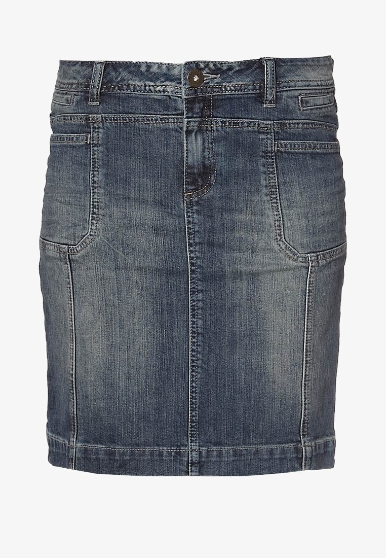 Jupe en denim bleu foncé avec poches avant, passants pour ceinture, fermeture par boutons et détails subtilement délavés.