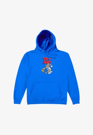 Sudadera azul con un gráfico de "Tom y Jerry". Fabricada en tejido suave con bolsillo tipo canguro, capucha con cordón y puños acanalados.