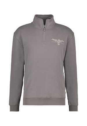 Grijze zip-up sweatshirt met een hoge kraag, met een logo in witte borduursel op de borst en ribgebreide manchetten en onderkant. Zachte textuur.