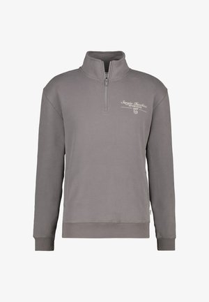 Grauer Reißverschluss-Sweatshirt mit hohem Kragen, das auf der Brust ein Logo in weißer Stickerei aufweist, sowie gerippte Bündchen und Saum. Weicher Stoff.