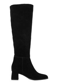 Black suede knee-high boot with a block heel, smooth texture, fitted shape, and minimal stitching details.