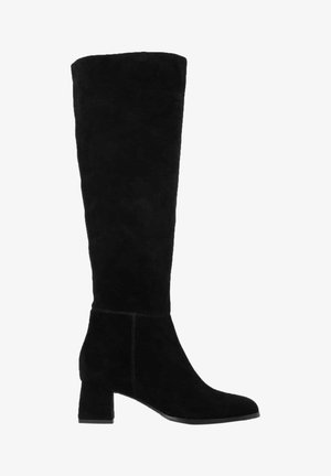 Black suede knee-high boot with a block heel, smooth texture, fitted shape, and minimal stitching details.