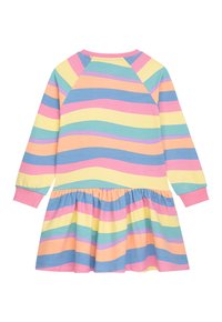 Langärmliges Kleid mit einem gerafften Rock, das wellenförmige Streifen in Pastellfarben zeigt: Rosa, Gelb, Blau und Lavendel. Weiches Baumwollmaterial.