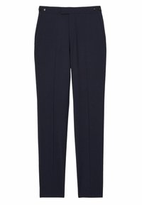 Pantaloni tailați bleumarin cu un design drept, având un front plat, două buzunare laterale și două închideri cu nasturi negri la talie.
