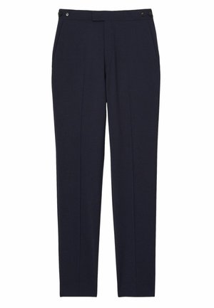 Marineblaue maßgeschneiderte Hose mit geradem Bein, flachem Bund, zwei Seitentaschen und zwei schwarzen Knopfverschlüssen am Bund.