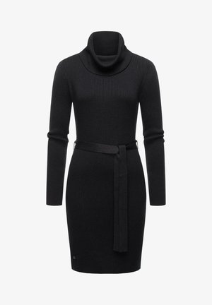 Musta ribbattu neulemekko, jossa on kaarrokeja ja pitkät hihat, sekä vyötäröllä sidottava vyö. Pehmeä rakenne ja vartalonmyötäinen siluetti.