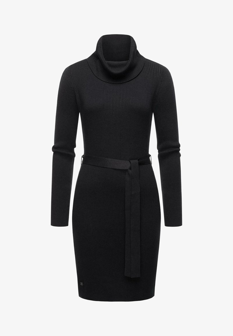 Zwart geribbeld gebreid jurk met een broekhals, lange mouwen en een strikceintuur op de taille. Zachte textuur met een getailleerde silhouet.