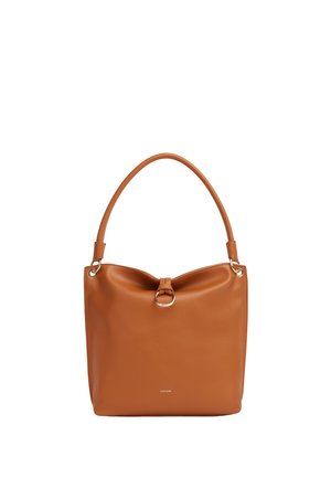 Borsa a tracolla marrone in pelle con manico superiore arrotondato, dettaglio ad anello dorato sul davanti e logo "MIRIADE" discreto al centro in basso.