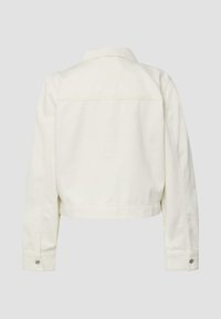 Veste en denim blanc vue de dos avec manches longues, poignets boutonnés et ourlet droit sur un fond clair uni.