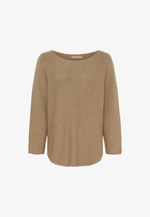 Beige uldtrøje med vid halsudskæring, lange ærmer og løs pasform. Glat tekstur med et subtilt strikkemønster. Ingen synlige lukninger.