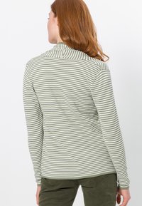Dlouhý rukáv, světlý zelený pruhovaný top s vysokým límcem. Žebrovaná textura a přiléhavý střih. Viditelné švy podél švů.