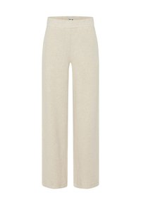 Weite Hose aus einem hellbeigen Stoff mit weicher Textur, ausgestattet mit einem elastischen Bund und ohne sichtbare Taschen oder Verschlüsse.