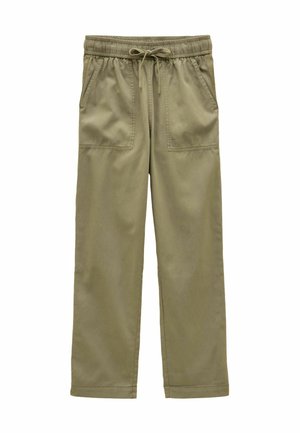 Pantalones casuales de color caqui con cinturilla elástica, cordón ajustable, dos bolsillos frontales de parche y corte de pierna recta.