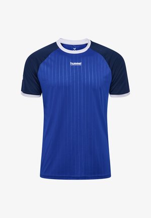 Blauw sportshirt met verticale strepen, marineblauwe mouwen en een witte kraag. Heeft het "hummel"-logo op de borst en een gestructureerde stof.